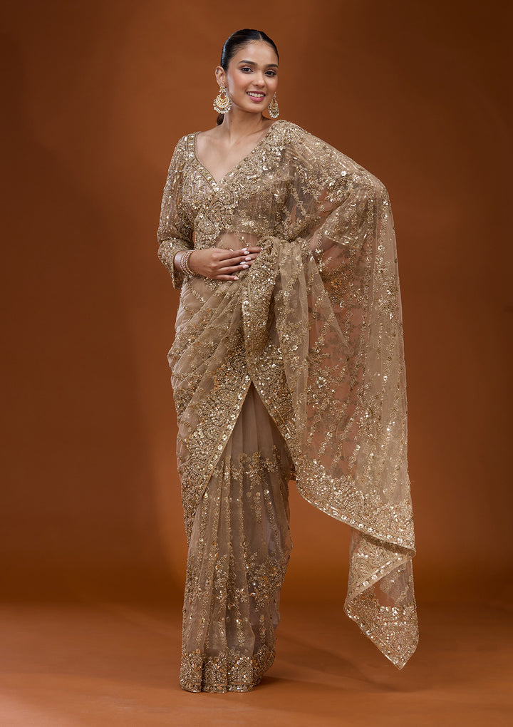 Baby Pink Net Cording Saree With Matching Blouse Piece