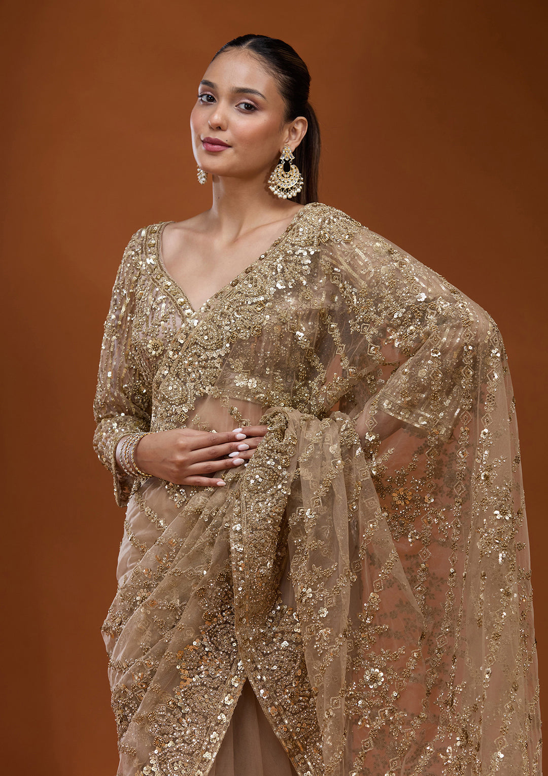 Baby Pink Net Cording Saree With Matching Blouse Piece