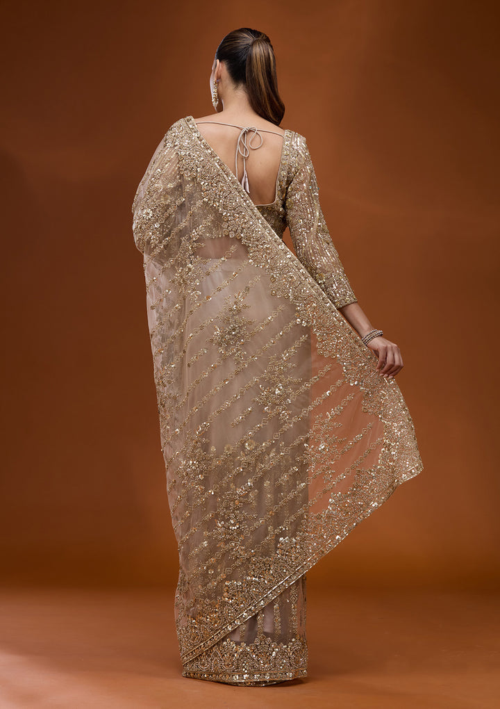 Baby Pink Net Cording Saree With Matching Blouse Piece