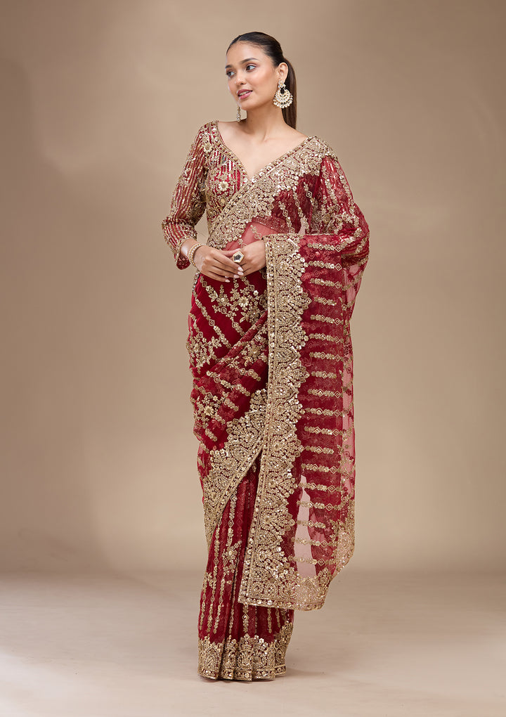 Maroon Net Cording Saree With Matching Blouse Piece