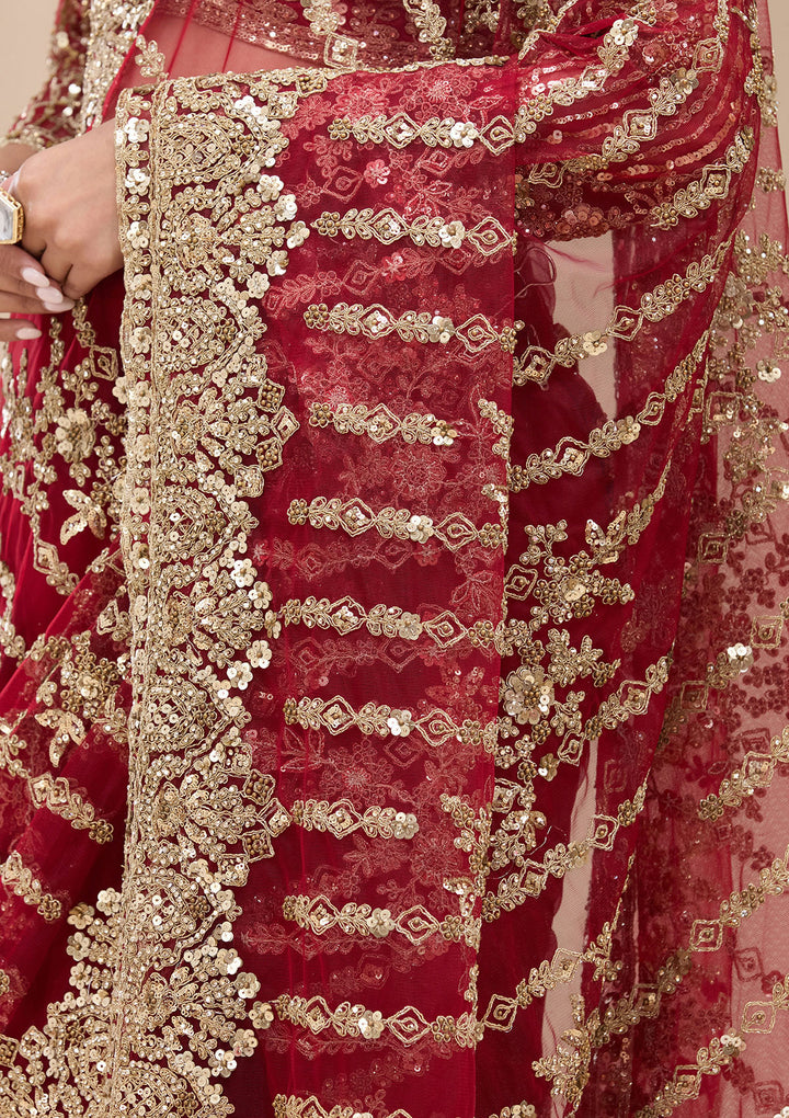 Maroon Net Cording Saree With Matching Blouse Piece