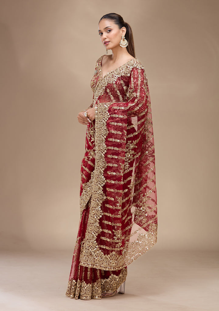 Maroon Net Cording Saree With Matching Blouse Piece