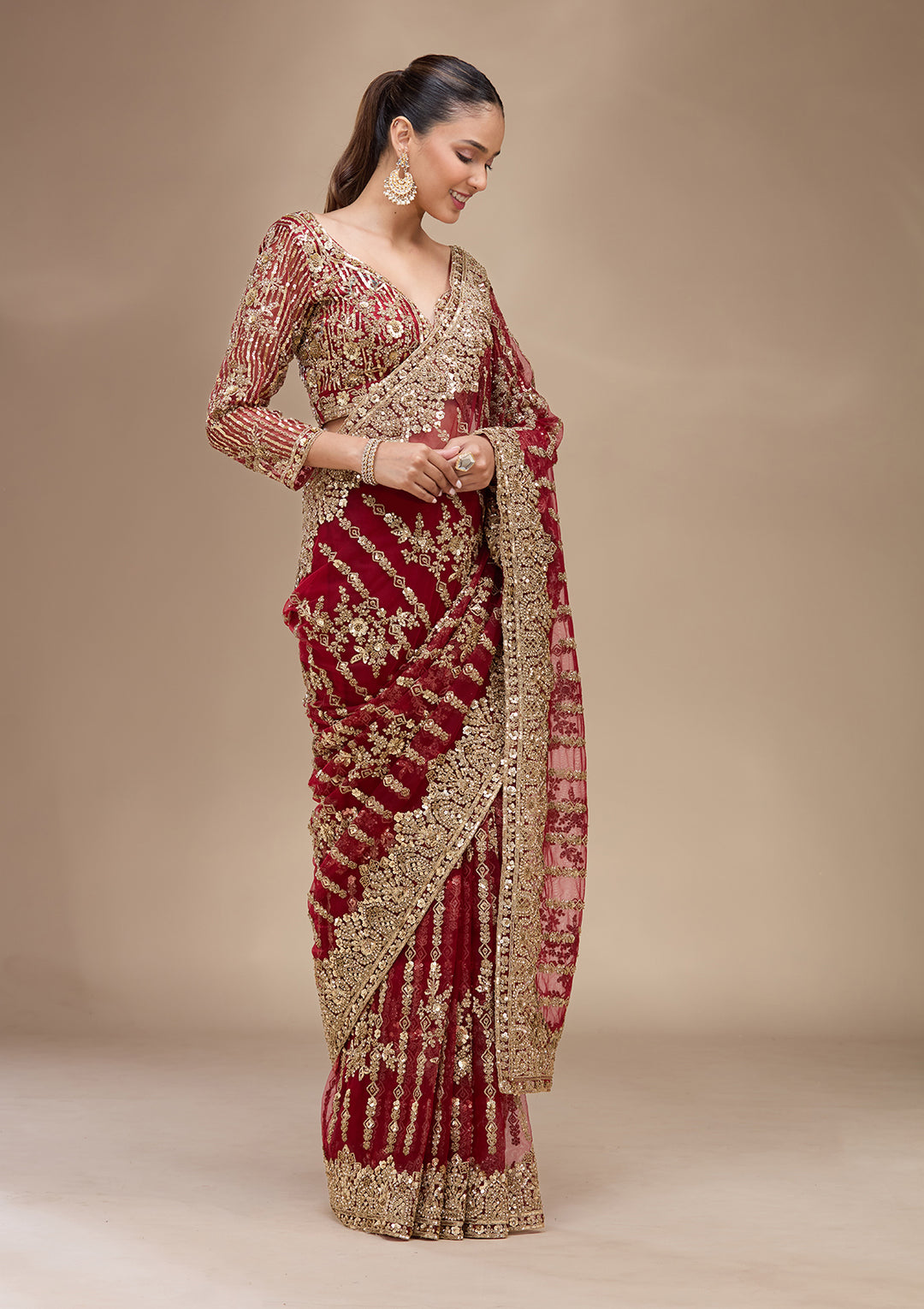 Maroon Net Cording Saree With Matching Blouse Piece