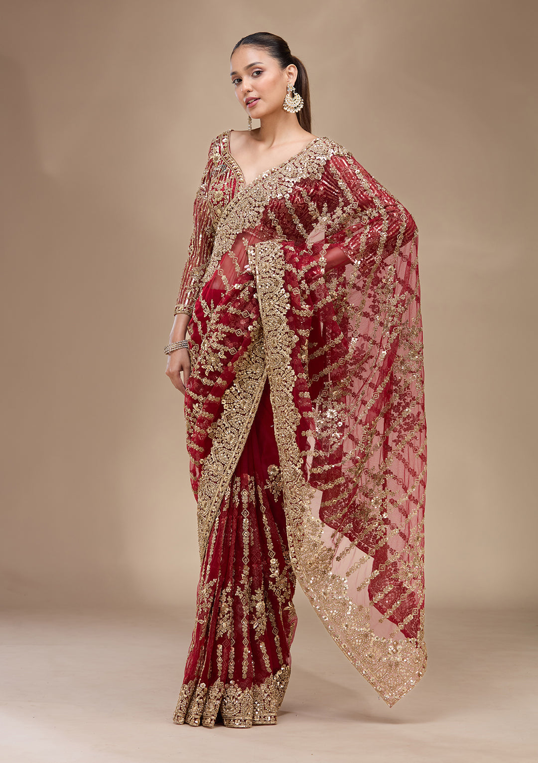 Maroon Net Cording Saree With Matching Blouse Piece