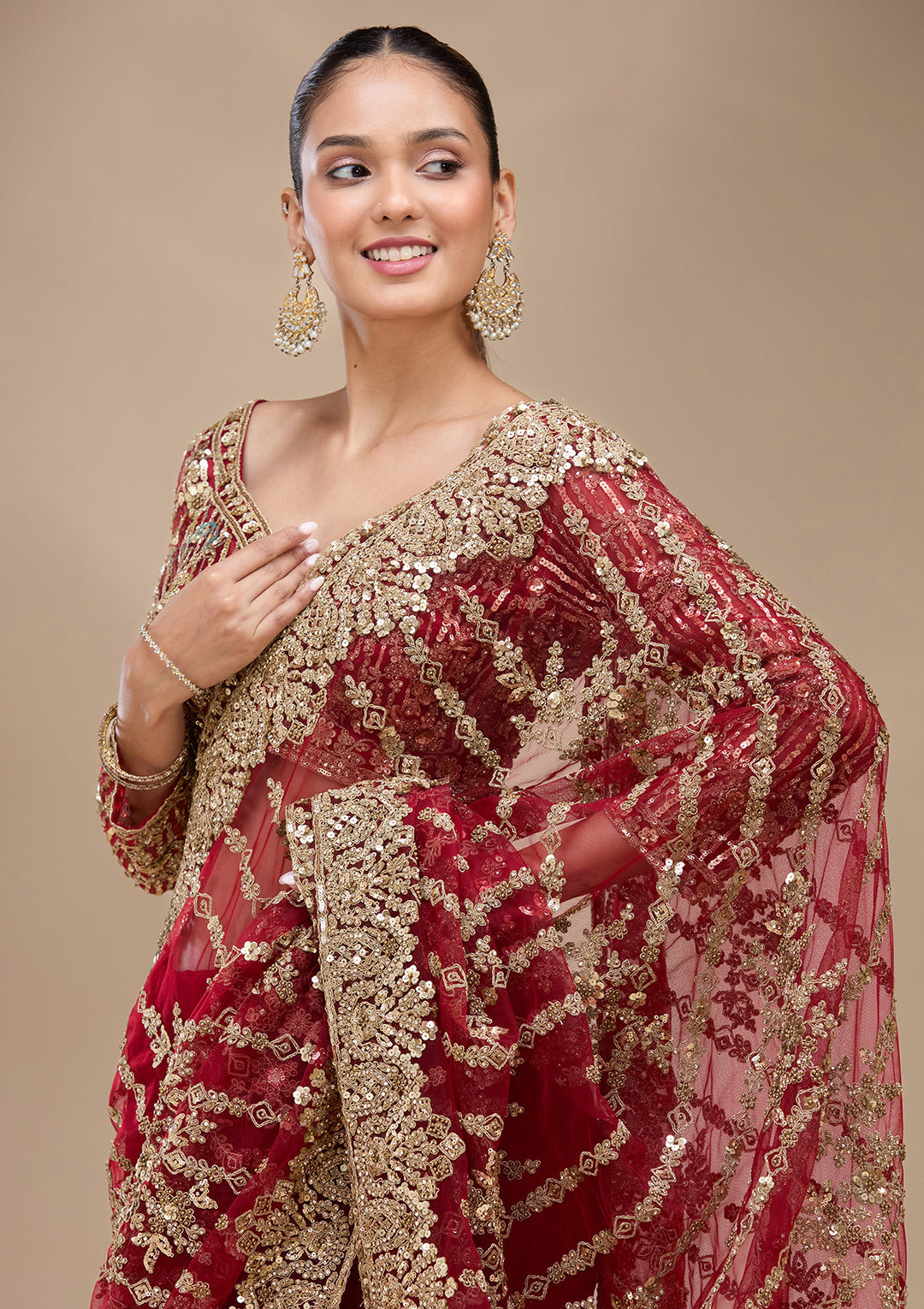 Maroon Net Cording Saree With Matching Blouse Piece