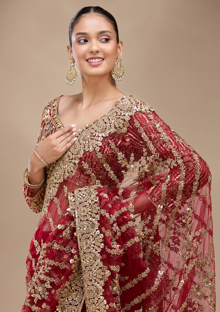 Maroon Net Cording Saree With Matching Blouse Piece