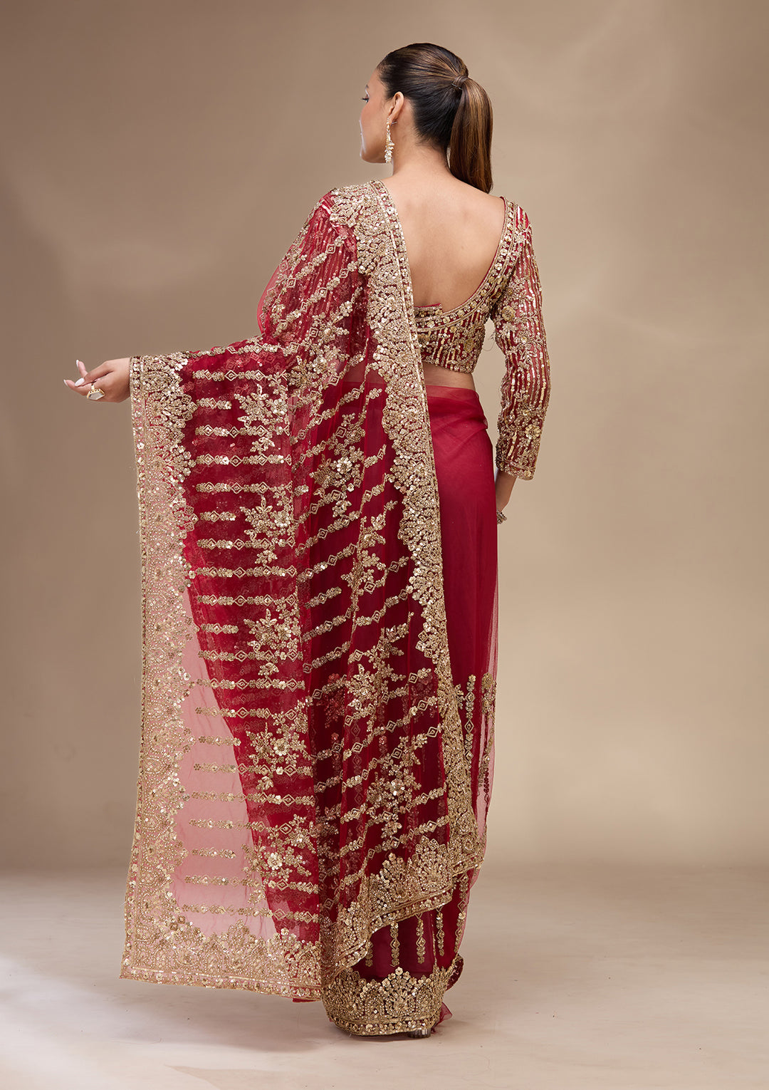 Maroon Net Cording Saree With Matching Blouse Piece