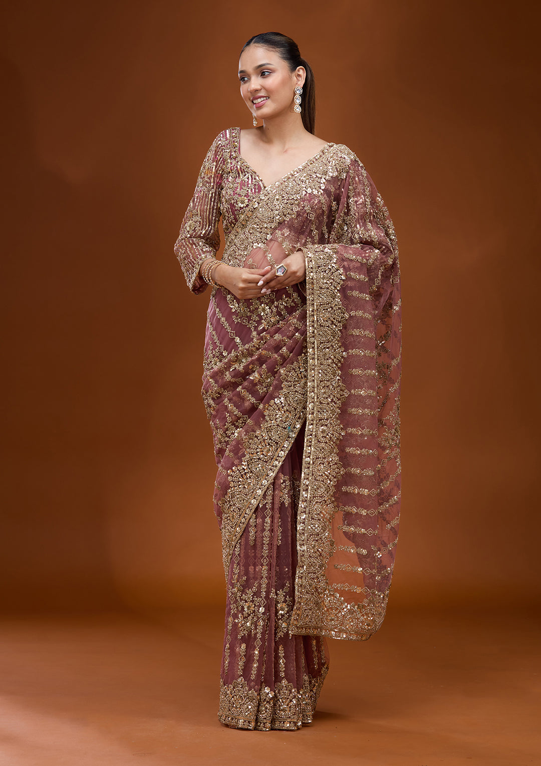 Onion Pink Net Cording Saree With Matching Blouse Piece