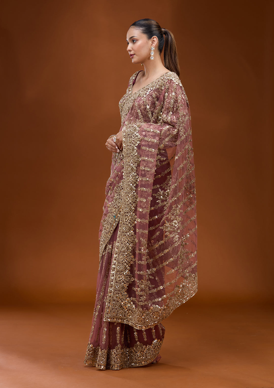 Onion Pink Net Cording Saree With Matching Blouse Piece