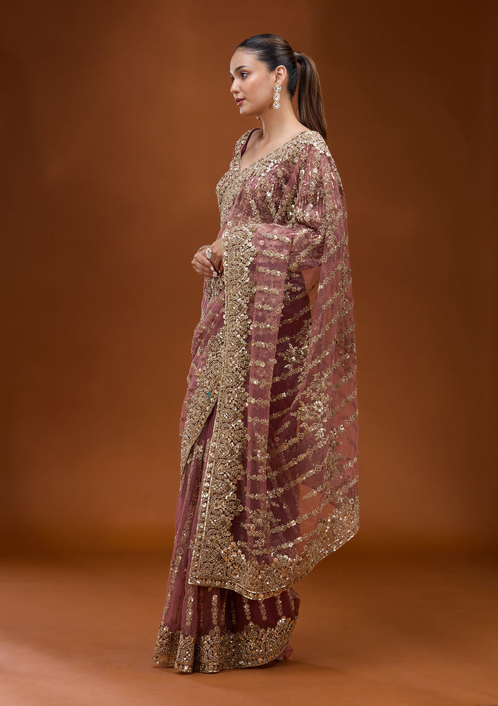 Onion Pink Net Cording Saree With Matching Blouse Piece