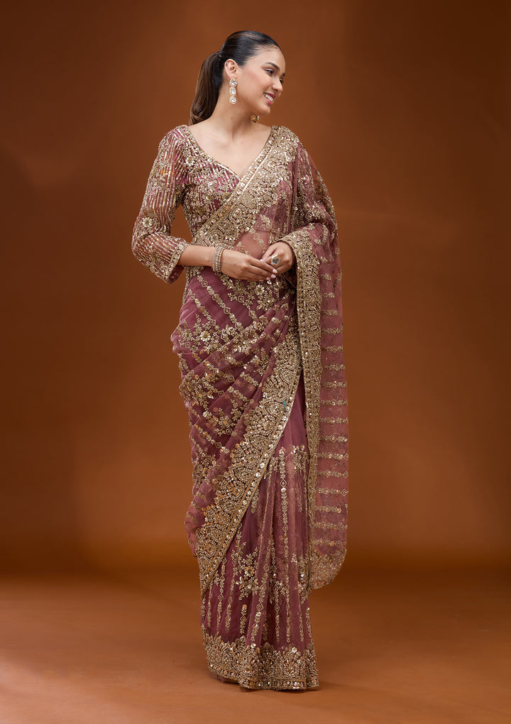 Onion Pink Net Cording Saree With Matching Blouse Piece