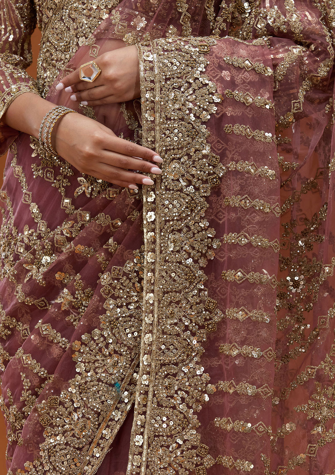 Onion Pink Net Cording Saree With Matching Blouse Piece