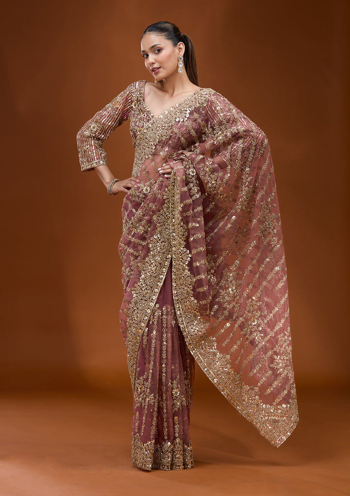 Onion Pink Net Cording Saree With Matching Blouse Piece