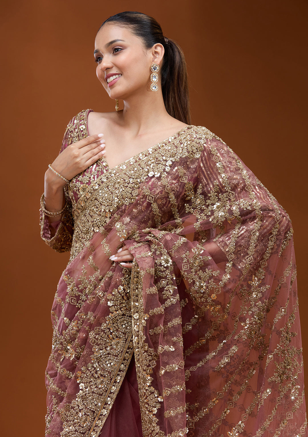 Onion Pink Net Cording Saree With Matching Blouse Piece
