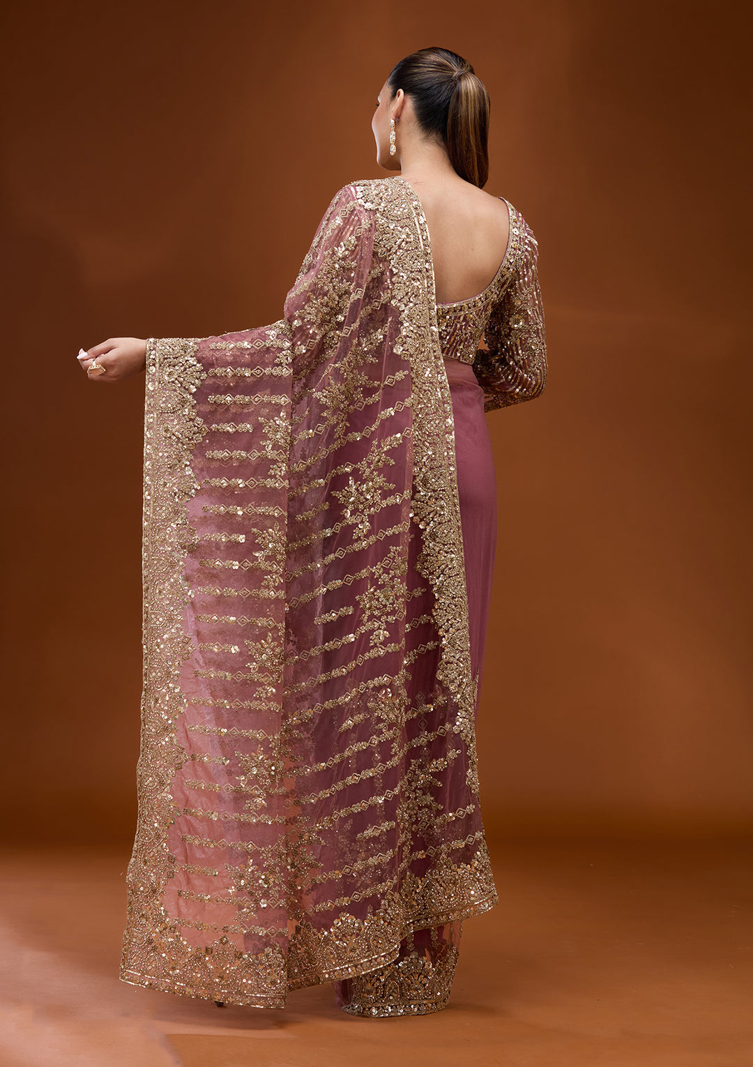 Onion Pink Net Cording Saree With Matching Blouse Piece