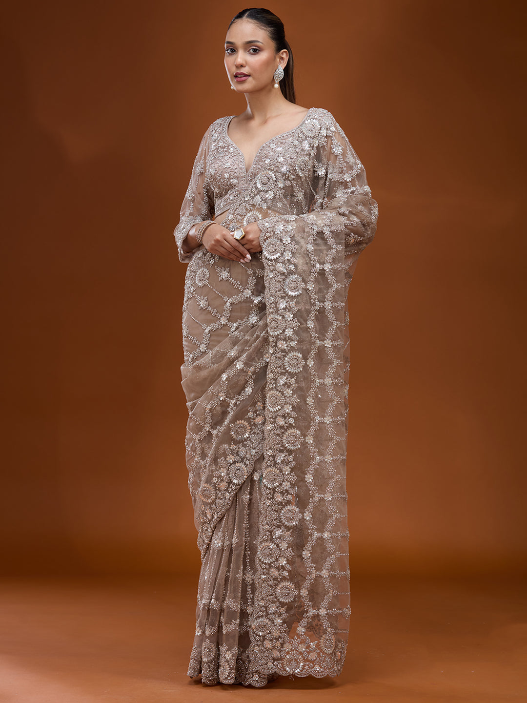 Beige Net Cording Saree With Matching Blouse Piece