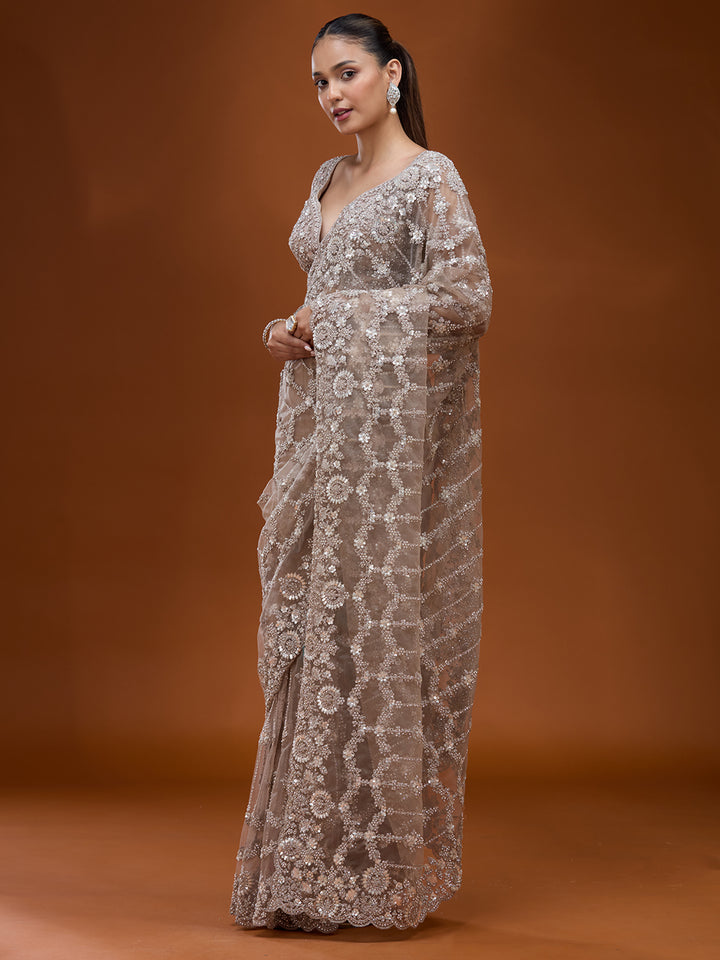 Beige Net Cording Saree With Matching Blouse Piece