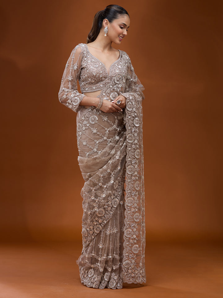 Beige Net Cording Saree With Matching Blouse Piece