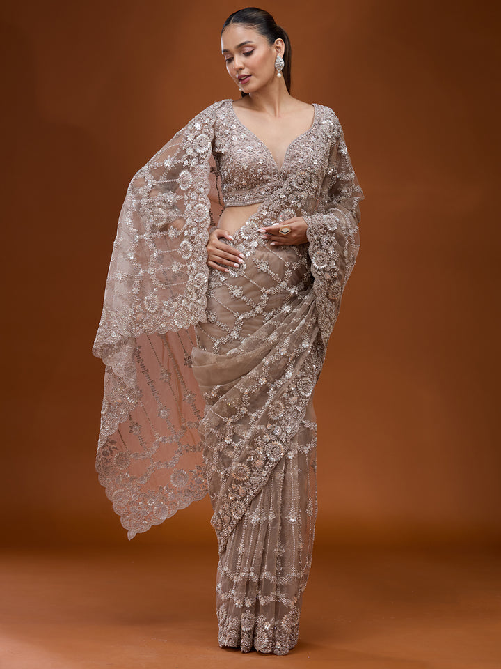 Beige Net Cording Saree With Matching Blouse Piece