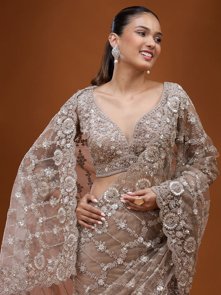 Beige Net Cording Saree With Matching Blouse Piece