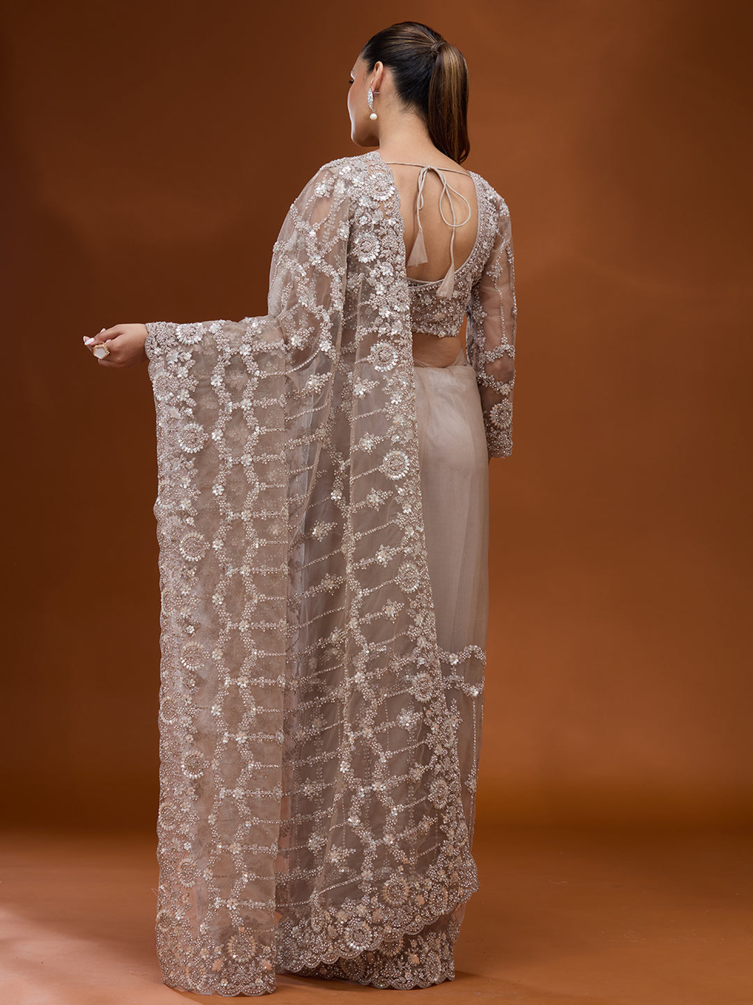 Beige Net Cording Saree With Matching Blouse Piece