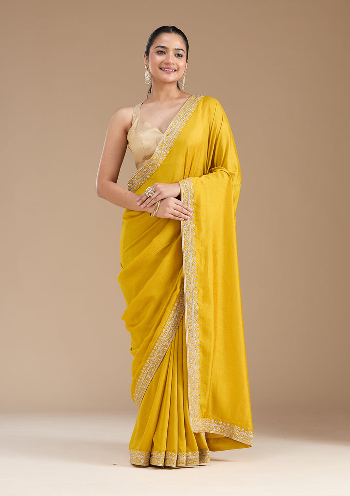 Mustard Zariwork (Gold) Soft Raw Silk Saree
