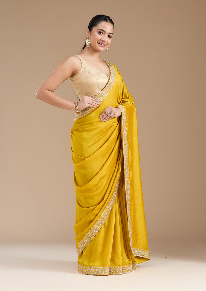 Mustard Zariwork (Gold) Soft Raw Silk Saree