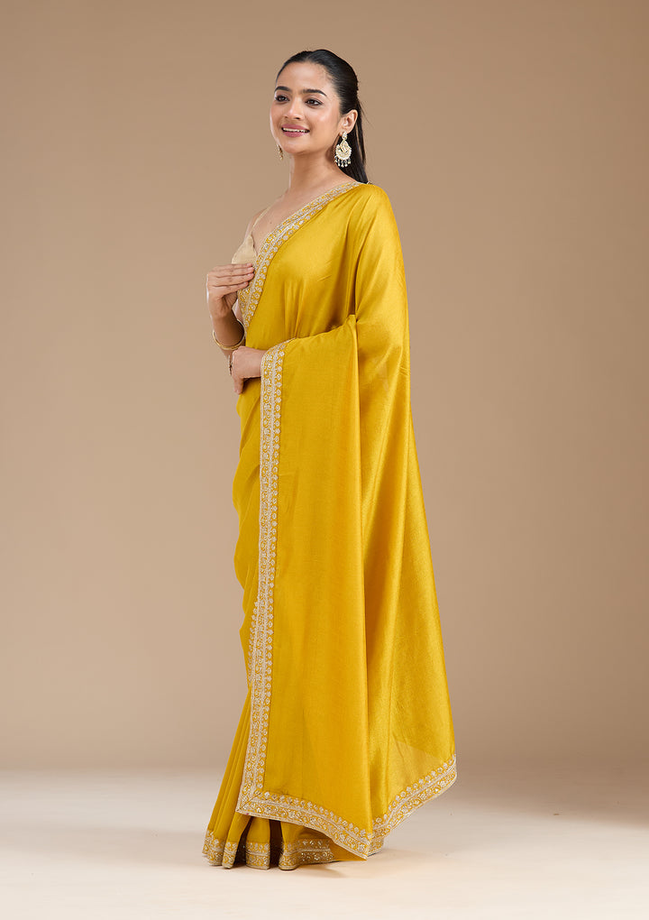 Mustard Zariwork (Gold) Soft Raw Silk Saree