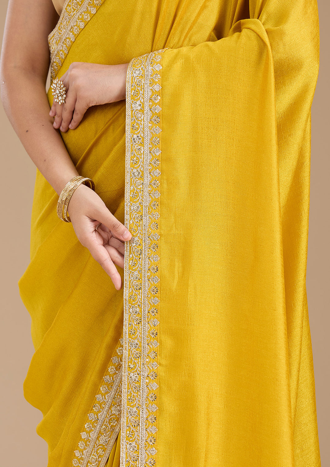 Mustard Zariwork (Gold) Soft Raw Silk Saree