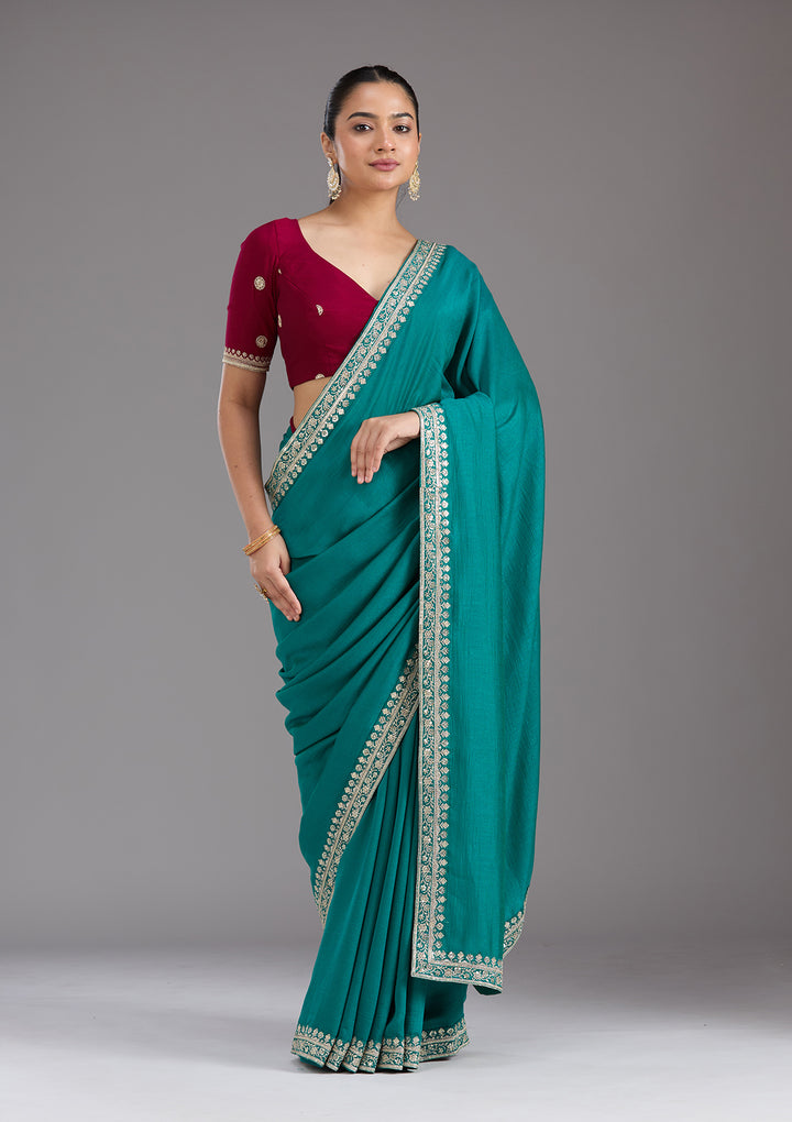 Rama Green Soft Raw Silk Gold Zariwork Saree With Matching Blouse Piece