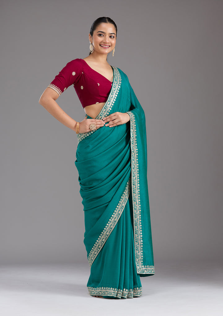 Rama Green Soft Raw Silk Gold Zariwork Saree With Matching Blouse Piece
