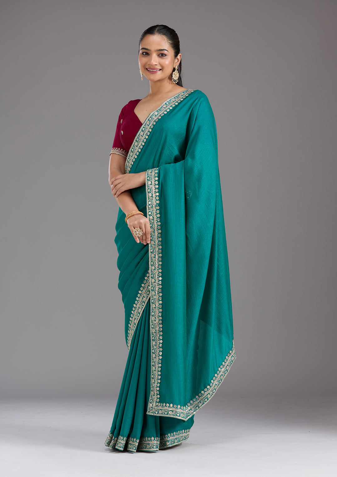 Rama Green Soft Raw Silk Gold Zariwork Saree With Matching Blouse Piece