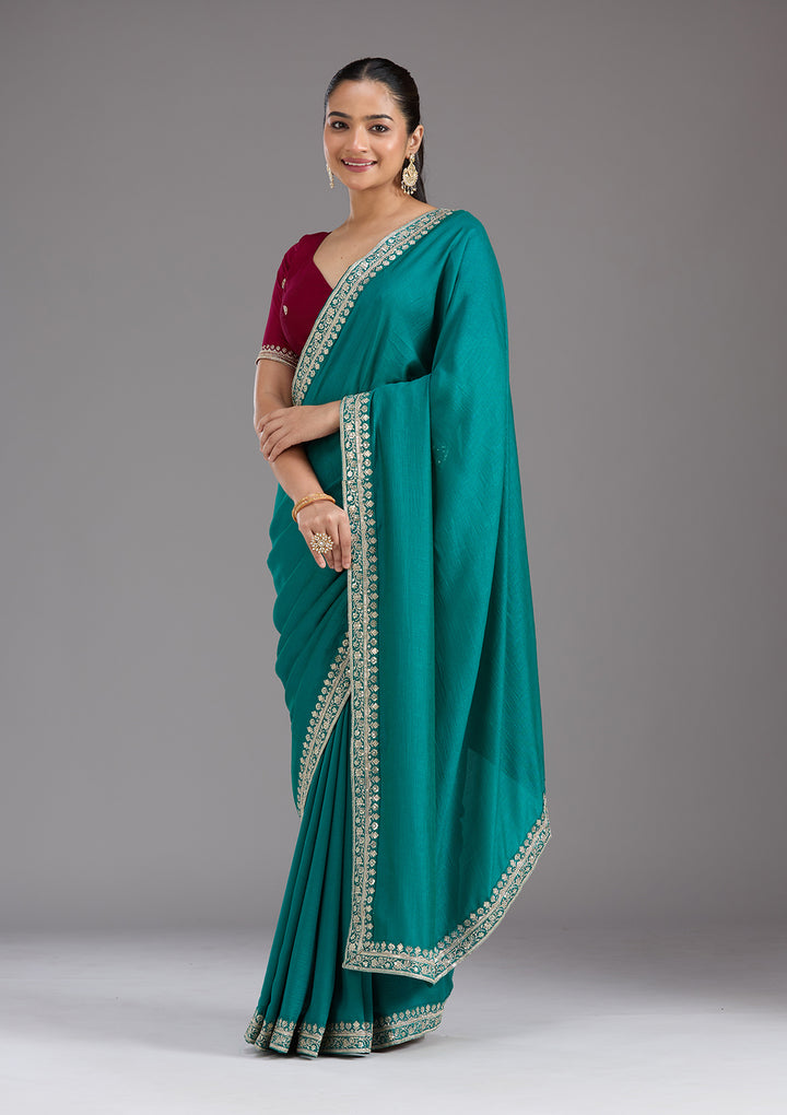 Rama Green Soft Raw Silk Gold Zariwork Saree With Matching Blouse Piece