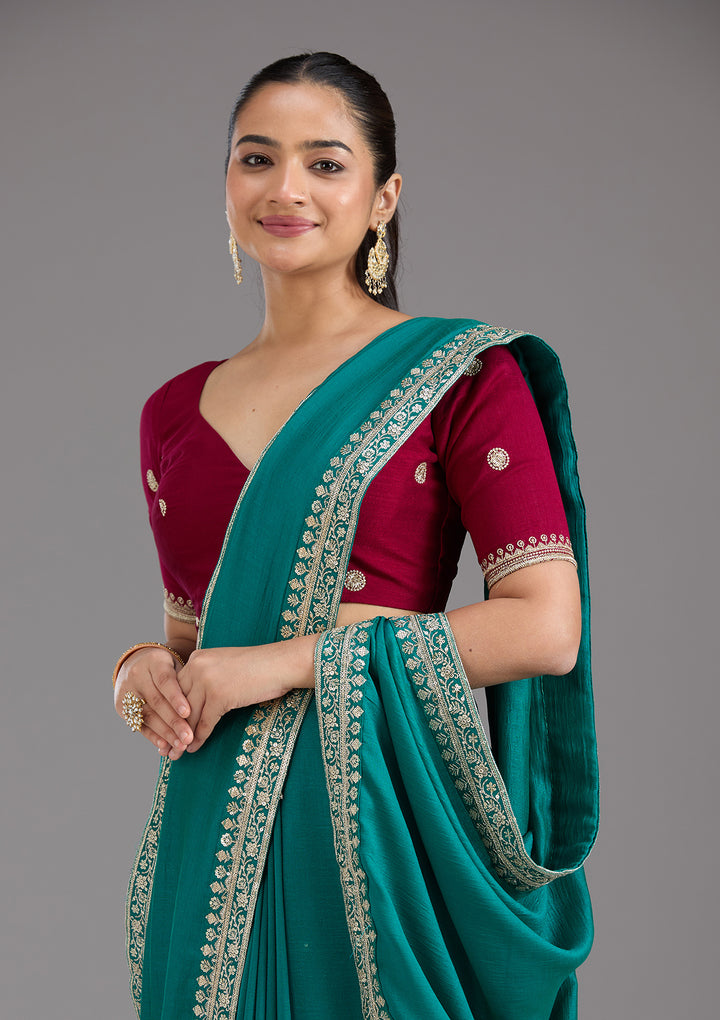 Rama Green Soft Raw Silk Gold Zariwork Saree With Matching Blouse Piece