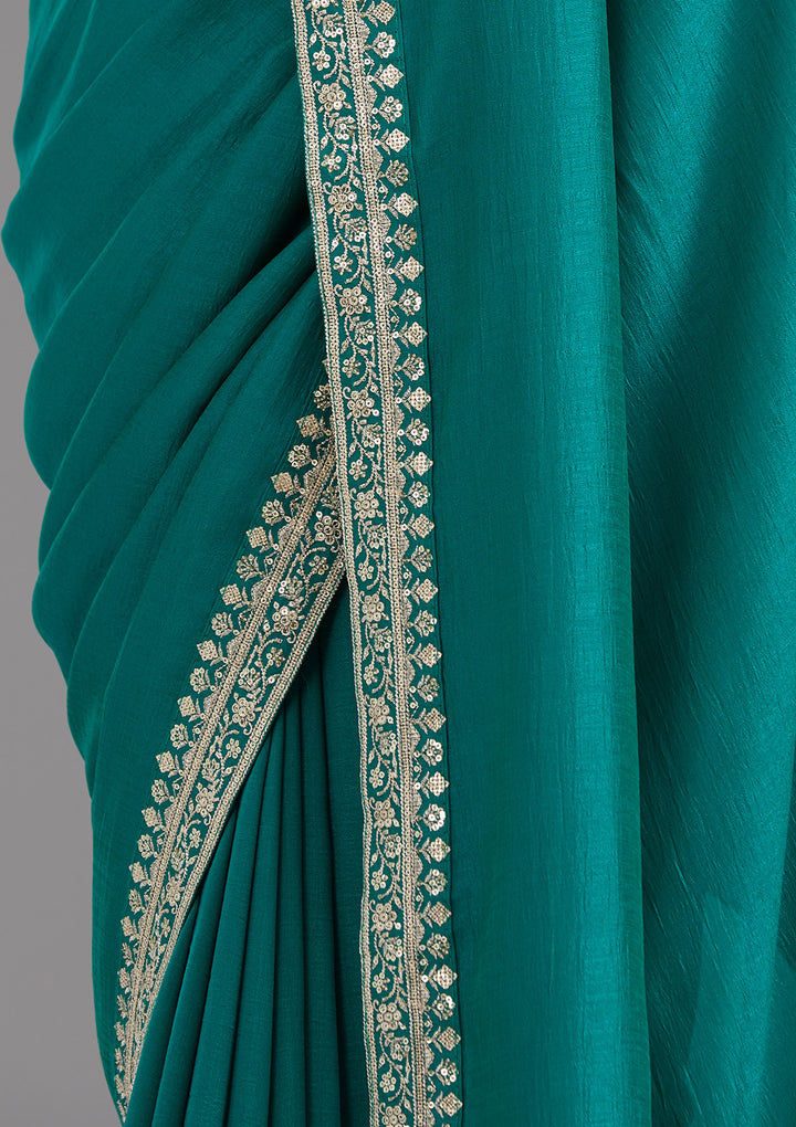 Rama Green Soft Raw Silk Gold Zariwork Saree With Matching Blouse Piece