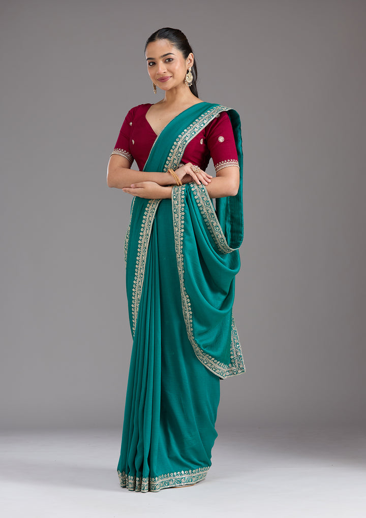 Rama Green Soft Raw Silk Gold Zariwork Saree With Matching Blouse Piece