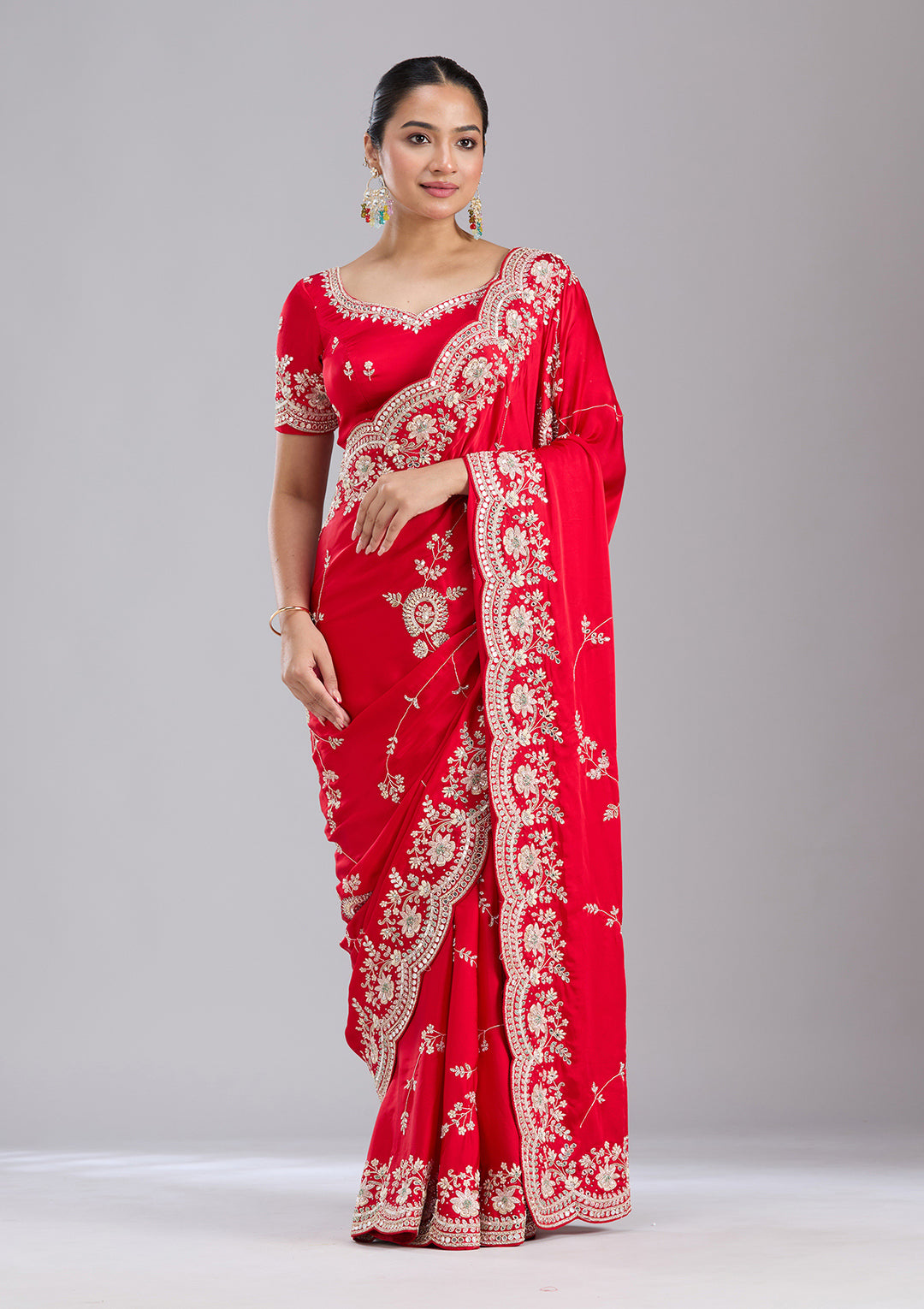 Red Mirrorwork Satin Saree