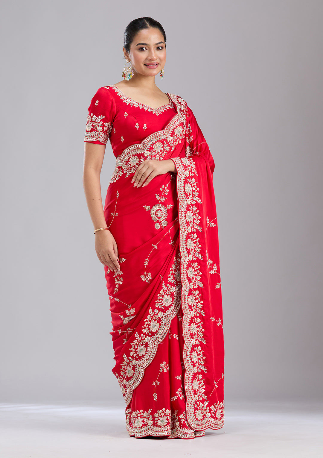 Red Mirrorwork Satin Saree