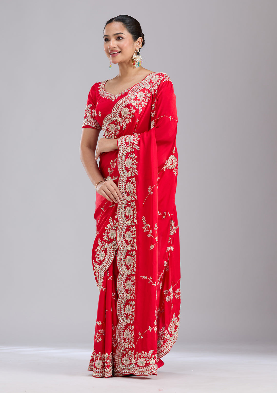 Red Mirrorwork Satin Saree