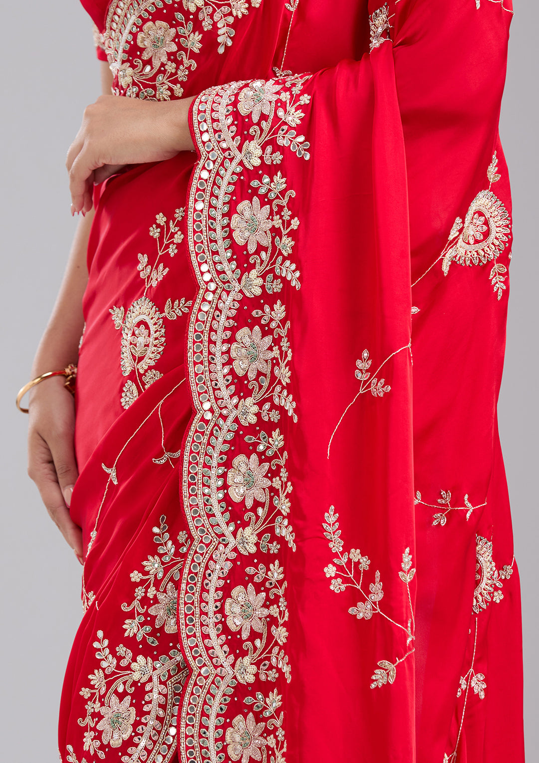 Red Mirrorwork Satin Saree