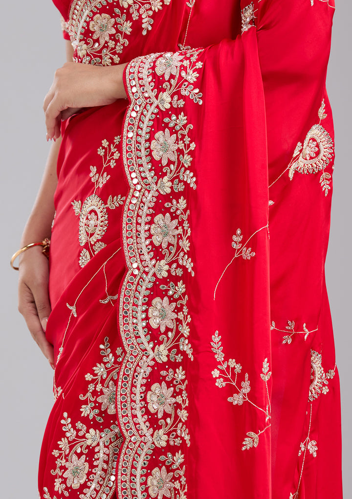 Red Mirrorwork Satin Saree