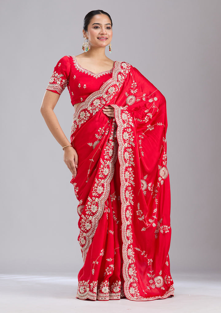 Red Mirrorwork Satin Saree