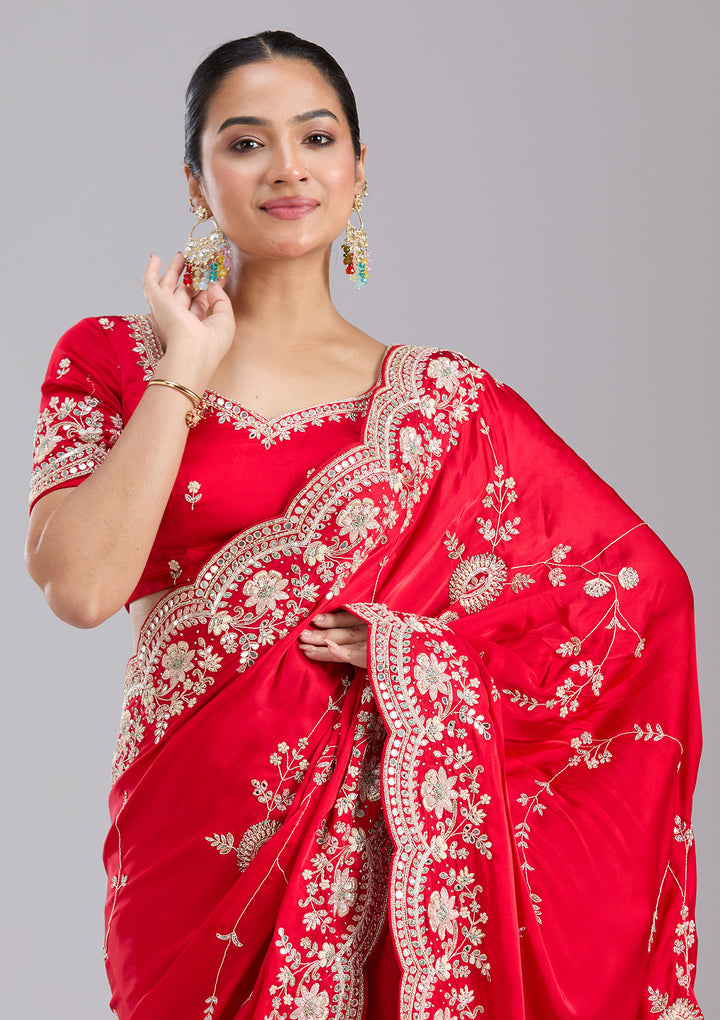 Red Mirrorwork Satin Saree