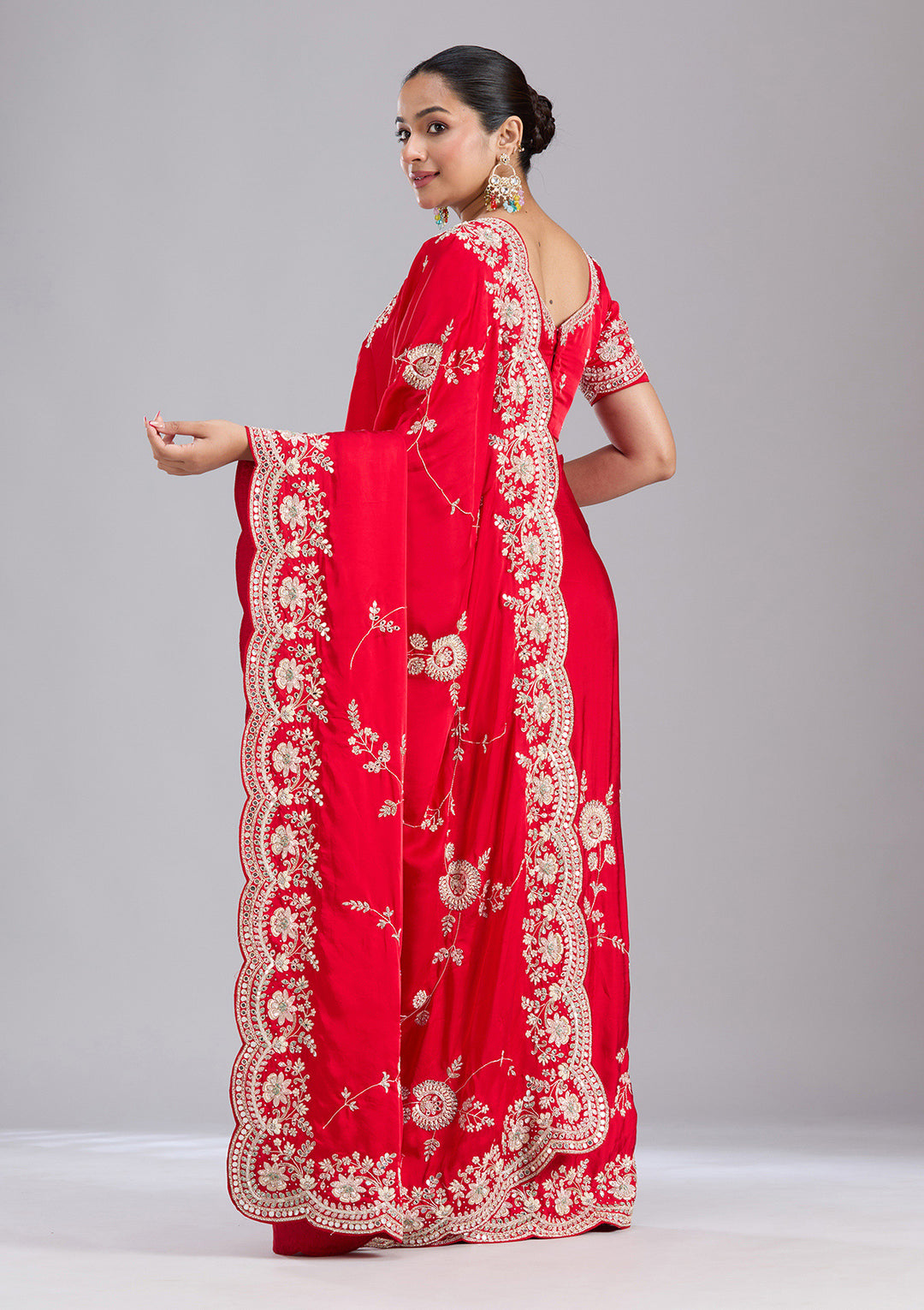 Red Mirrorwork Satin Saree