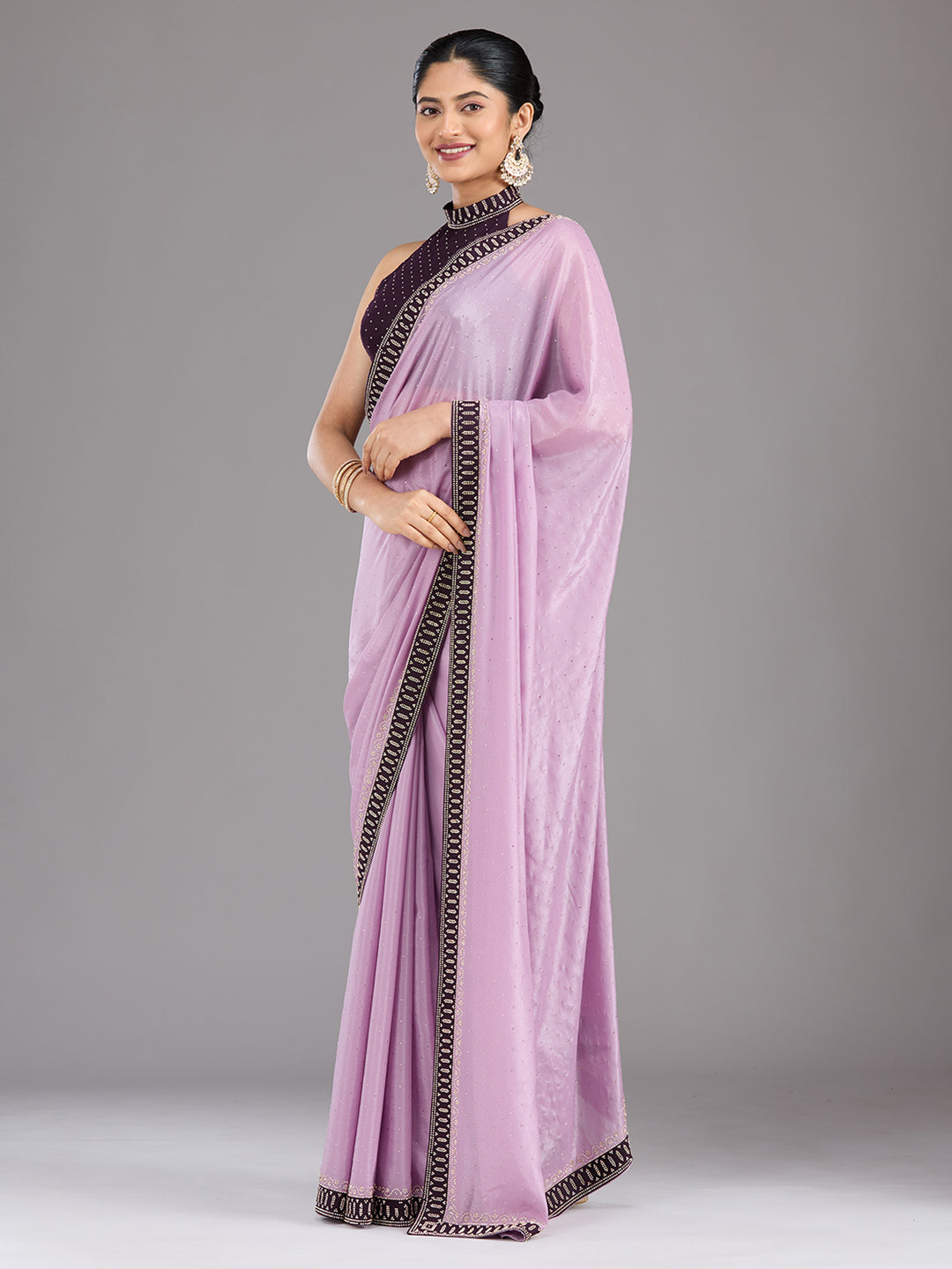 Lavender Stonework (Gold) Velvet Saree