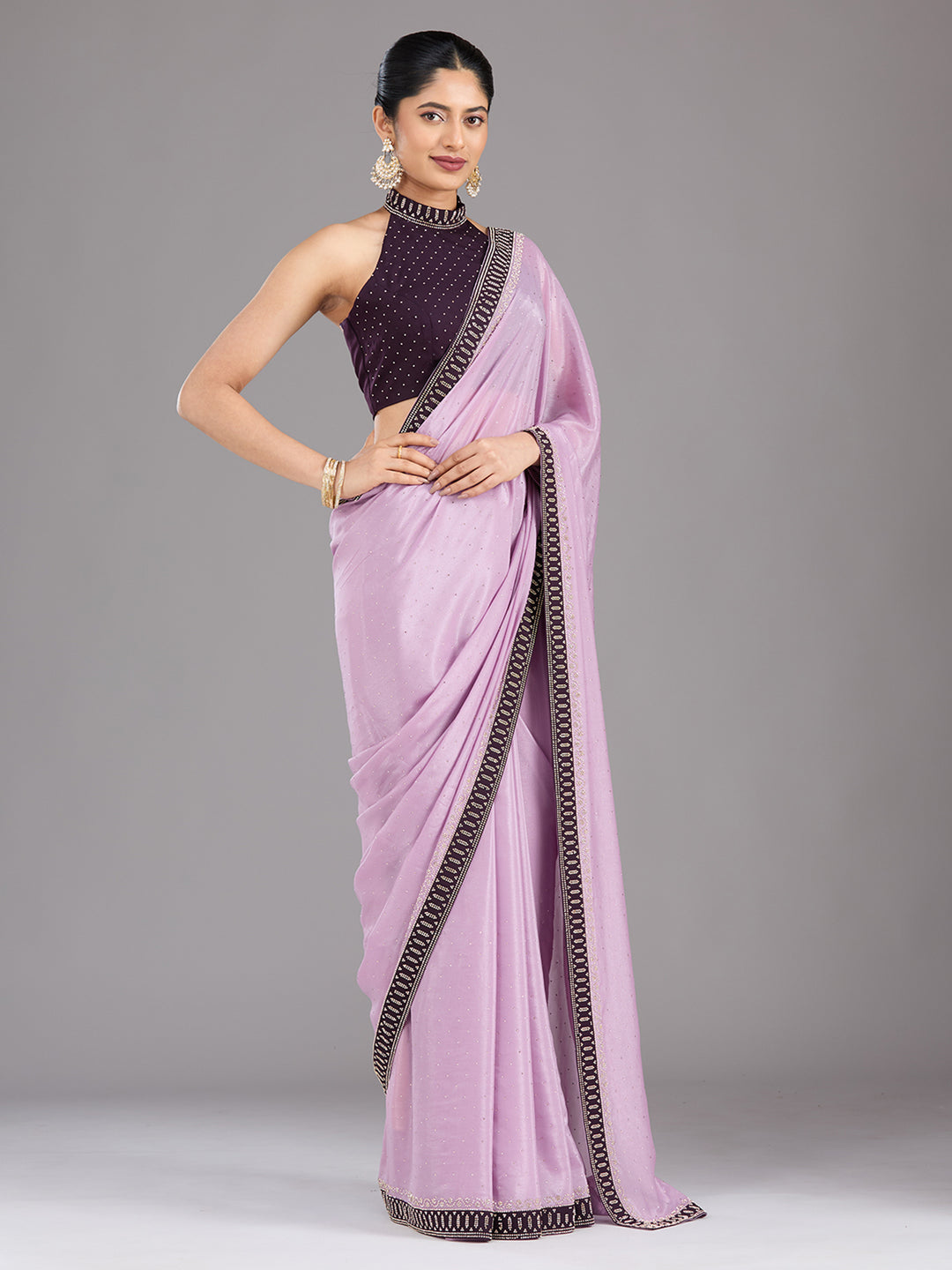 Lavender Stonework (Gold) Velvet Saree