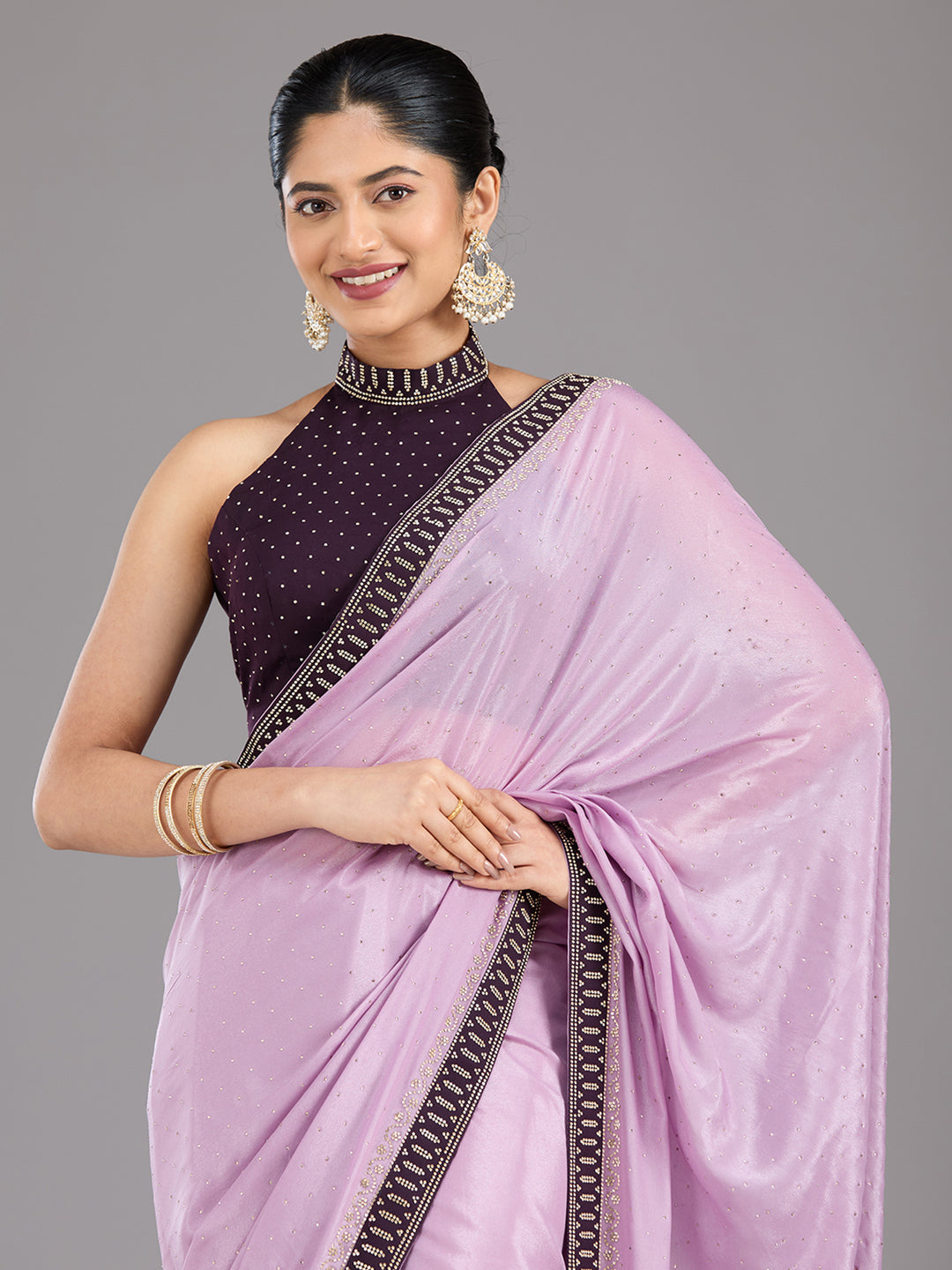 Lavender Stonework (Gold) Velvet Saree