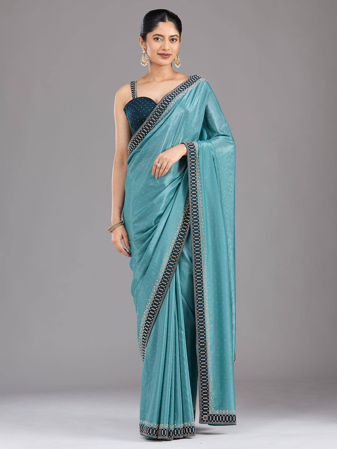 Sea Green Stonework (Silver) Chiffon Saree