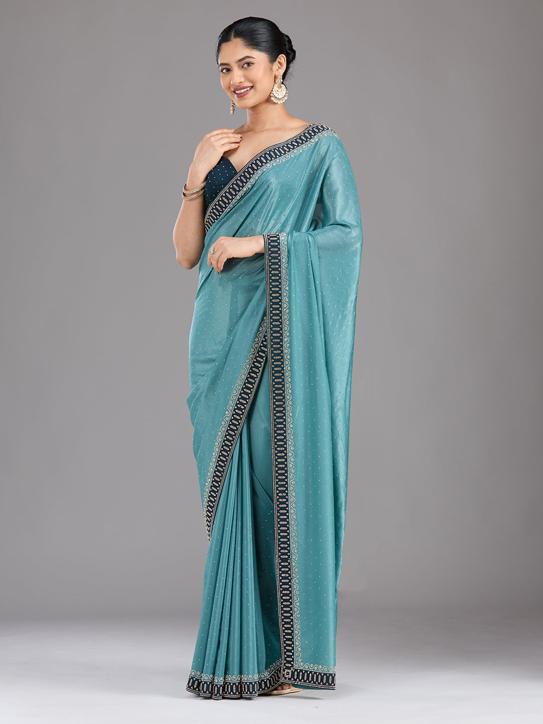 Sea Green Stonework (Silver) Chiffon Saree