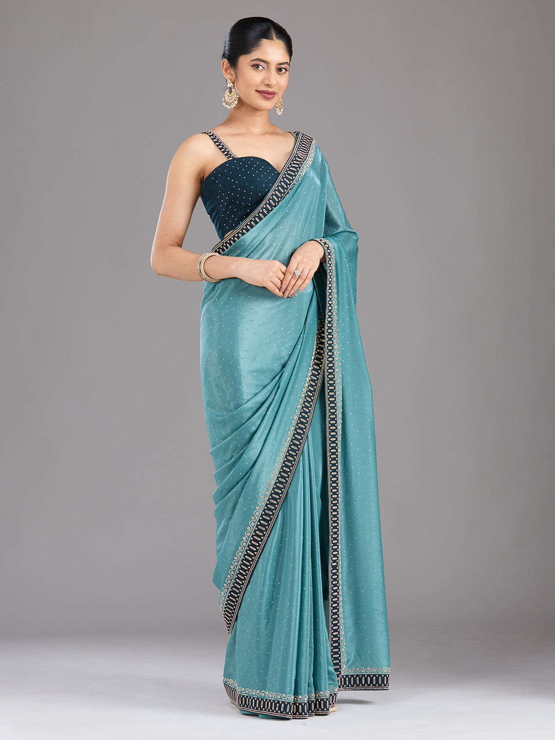 Sea Green Stonework (Silver) Chiffon Saree